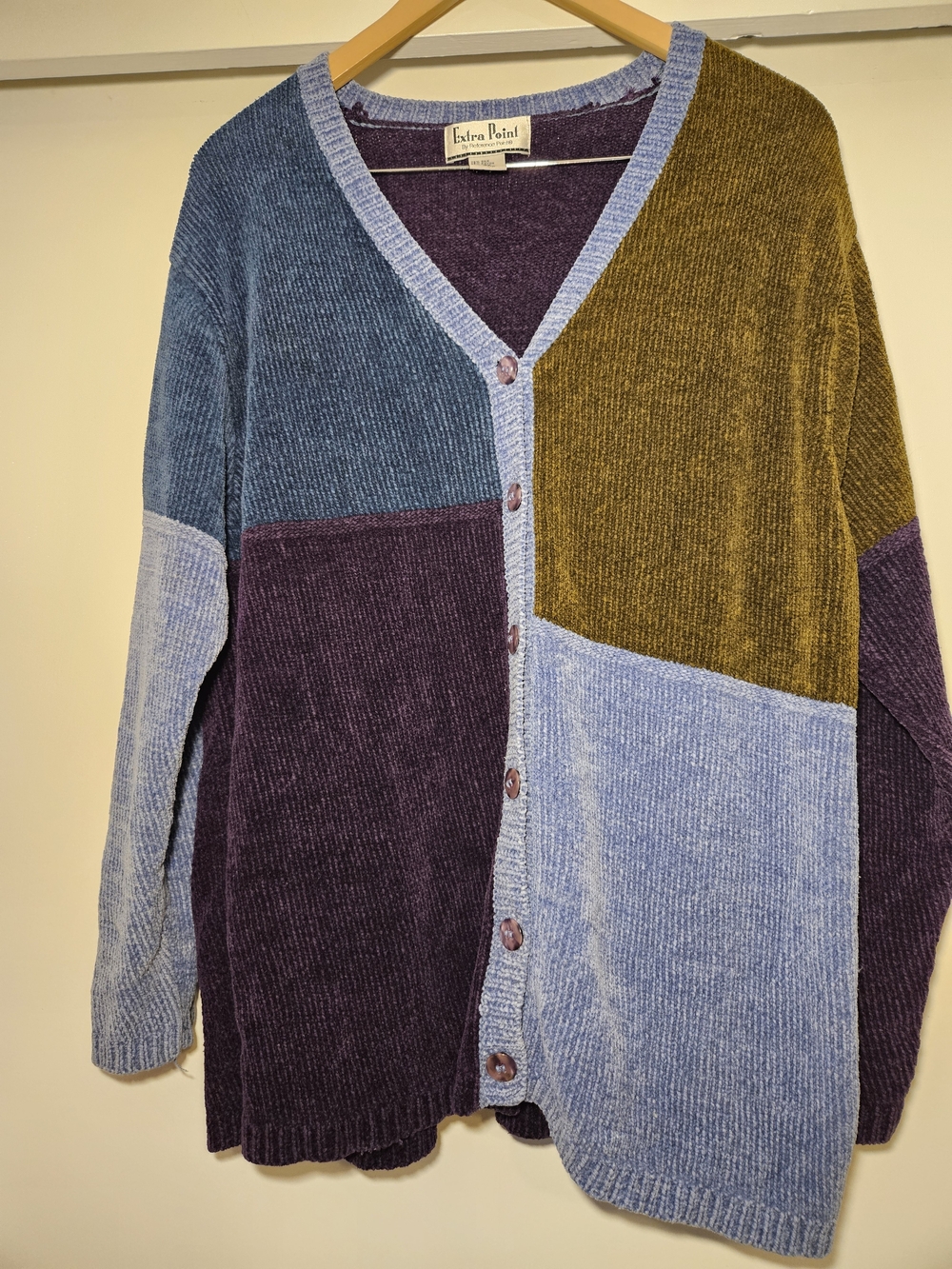 Colorblock Chenille Cardigan - Blue, Purple, Olive